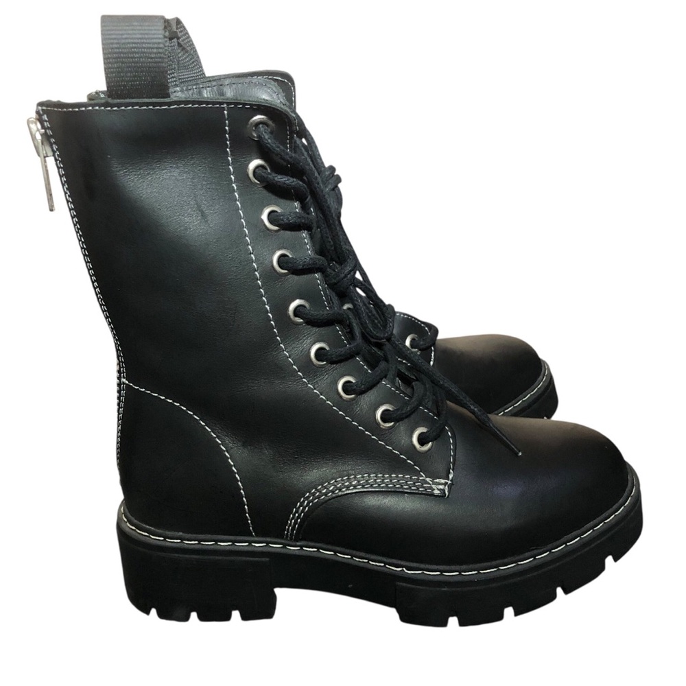 Black Leather Lace-Up back zip Combat Boots